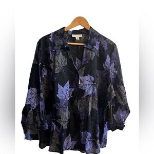 Coldwater Creek Black and Purple Leaf 100% Cotton Sheer Blouse NWT Size 2X